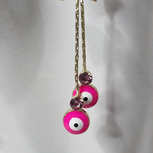 Gold Filled Hot Pink Evil Eye and Butterfly Dangle Earrings - Picture 4 of 7